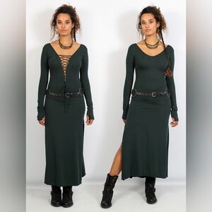 "Valkyrie" lace-up split long dress, Peacock teal Size M teal